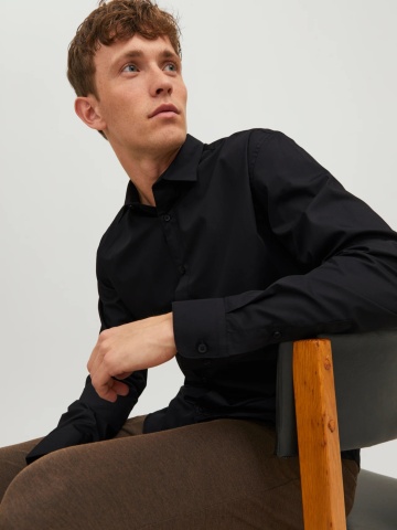 Jack & Jones Camasa barbati, din amestec de bumbac, Slim Fit, Negru - Img 5