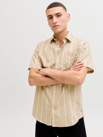 Jack & Jones Camasa barbati din bumbac cu imprimeu in dungi, Regular Fit, JJETHAN, Maro deschis - Img 3