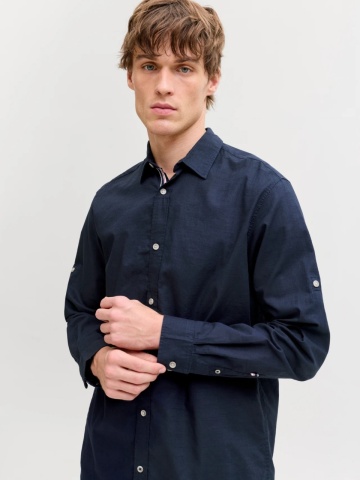 Jack & Jones Camasa barbati, Regular fit, Henry, din bumbac, Bleumarin inchis - Img 3
