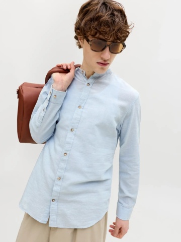 Jack & Jones Camasa cu maneca lunga barbati si guler tunica din amestec de in, Albastru deschis - Img 4