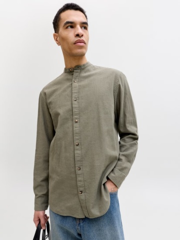 Jack & Jones Camasa cu maneca lunga barbati si guler tunica din amestec de in, Olive - Img 3
