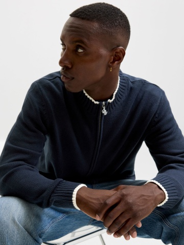 Jack & Jones Cardigan tricotat barbati cu guler inalt si detalii contraste, JORFREDERIKSBERG, Bleumarin inchis - Img 3