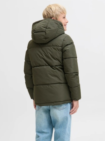 Jack & Jones Geaca PUFFER baieti, cu dubla inchidere, gluga si imprimeu cu logo, Verde - Img 2