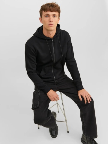 Jack & Jones Hanorac barbati, cu fermoar si gluga, Regular fit, JJEBRADLEY, Negru - Img 3