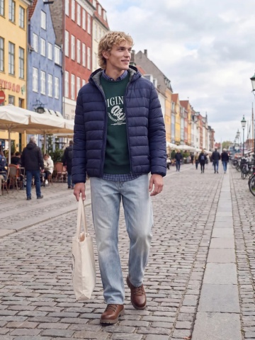 Jack & Jones Jacheta barbati, PUFFER, cu puf de rata, Regular fit, JJEBERG, Bleumarin inchis - Img 6