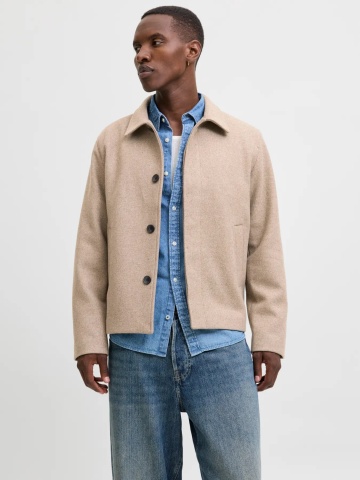 Jack & Jones Palton scurt barbati, JEHARRIS, cu guler inalt si 2 buzunare oblice, Maro deschis
