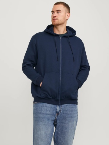 Jack & Jones Plus Hanorac cu fermoar, barbati big sizes, Relaxed Fit, JJEBRADLEY, Bleumarin inchis
