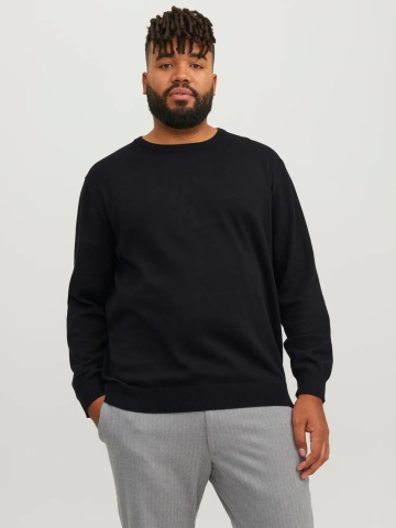 Jack & Jones Plus Pulover tricotat barbati big sizes, din bumbac organic, cu decolteu la baza gatului, Regular Fit, JJEBASIC, Negru