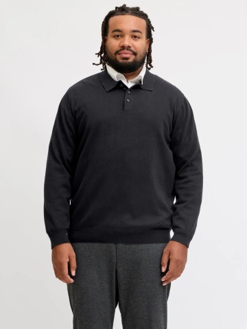 Jack & Jones Plus Pulover tricotat barbati big sizes, din bumbac organic, guler polo, JJEBASIC, Regular Fit, Negru