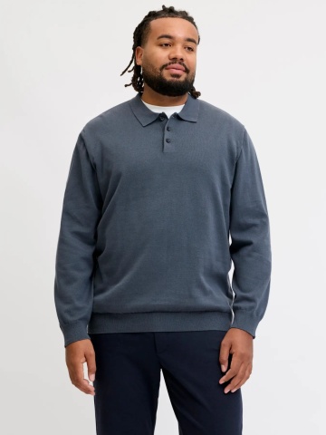 Jack & Jones Plus Pulover tricotat barbati big sizes, din bumbac organic, guler polo, JJEBASIC, Regular Fit, Gri albastrui