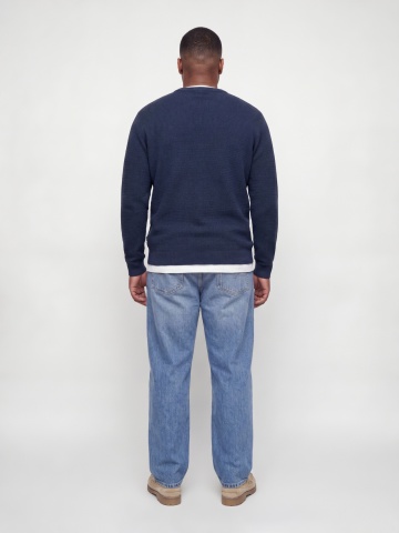Jack & Jones Plus Pulover tricotat barbati big sizes, din bumbac organic, decolteu la baza gatului, JJERYDER, Regular Fit, Bleumarin inchis - Img 5