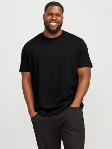 Jack & Jones Plus Tricou simplu barbati big sizes, Bradley, decolteu la baza gatului, Negru