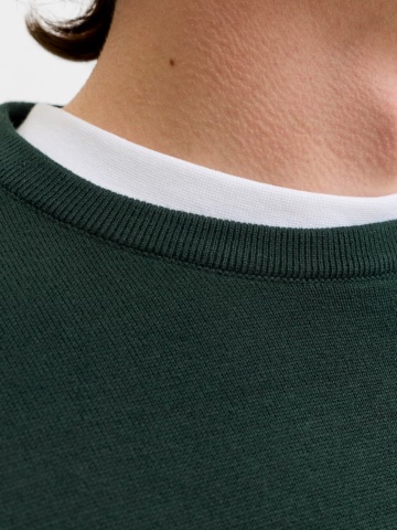 Jack & Jones Pulover barbati cu decolteu la baza gatului, din bumbac organic, JJEBASIC, Verde inchis - Img 3
