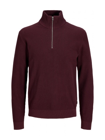 Jack & Jones Pulover barbati cu fermoar la baza gatului, din bumbac organic, JPRBLUSTANLEY, Bordeaux