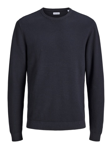 Jack & Jones Pulover barbati din bumbac organic, decolteu la baza gatului, Regular Fit, JJEBRODY, Bleumarin inchis
