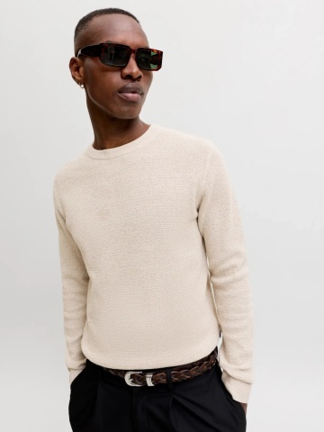 Jack & Jones Pulover tricotat barbati, din bumbac organic, Regular fit, JAURYDER, Bej - Img 5
