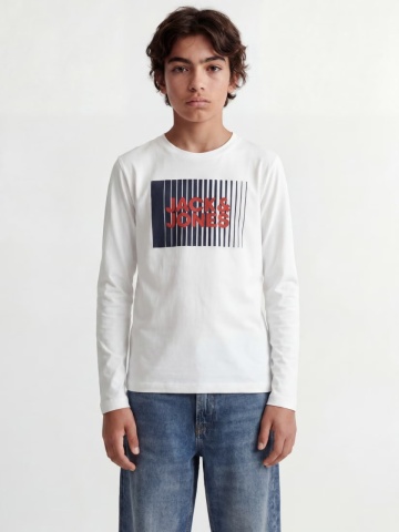 Jack & Jones Tricou baieti la baza gatului, cu maneca lunga, din bumbac organic, Regular fit, Alb