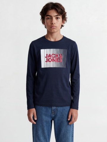 Jack & Jones Tricou baieti la baza gatului, cu maneca lunga, din bumbac organic, Regular fit, Bleumarin inchis