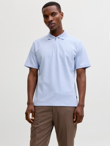 Jack & Jones Tricou polo barbati, cu fermoar, Regular Fit, JPRBLAETHAN, Albastru