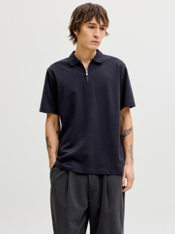 Jack & Jones Tricou polo barbati, cu fermoar, Regular Fit, JPRBLAETHAN, Bleumarin inchis