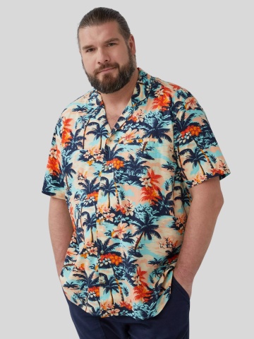 s.Oliver Big Sizes Camasa barbati big sizes cu maneca scurta si imprimeu tropical, Regular fit, Multicolor