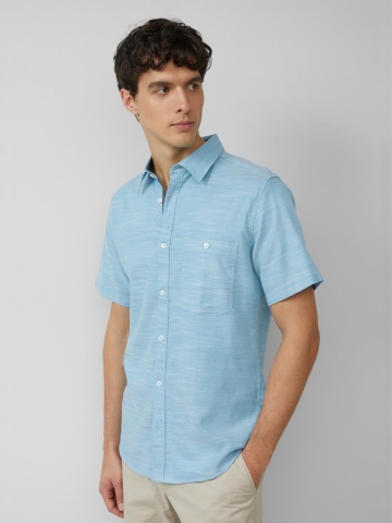 s.Oliver Camasa cu maneca scurta barbati, croiala Slim Fit si design cu un singur buzunar, Albastru deschis