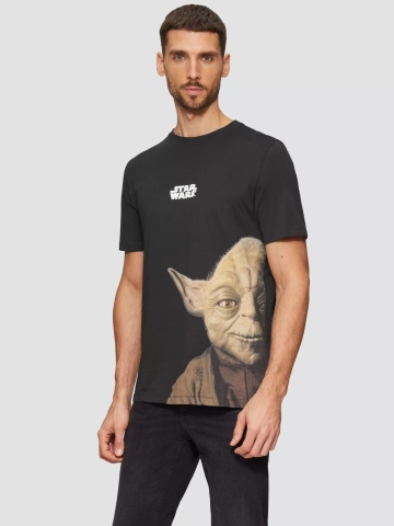 s.Oliver Tricou barbati cu imprimeu text Star Wars, la baza gatului, croiala Regular Fit, Negru
