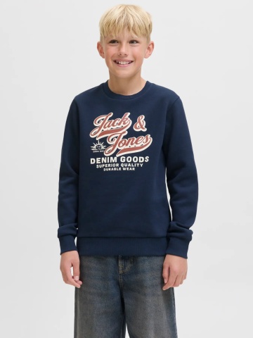 Jack & Jones Bluza baieti, Regular fit, cu imprimeu text si decolteu la baza gatului, Bleumarin inchis