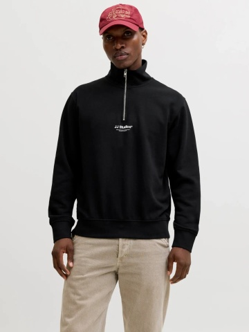 Jack & Jones Bluza barbati, cu guler inalt si fermoar la baza gatului, din amestec de bumbac, Relaxed Fit, Negru