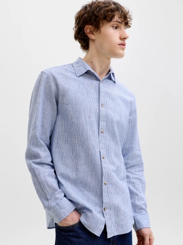 Jack & Jones Camasa barbati, Regular fit, din amestec de in, cu imprimeu in dungi, Albastru - Img 3