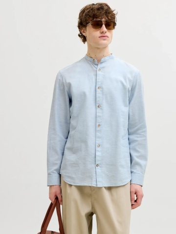 Jack & Jones Camasa cu maneca lunga barbati si guler tunica din amestec de in, Albastru deschis