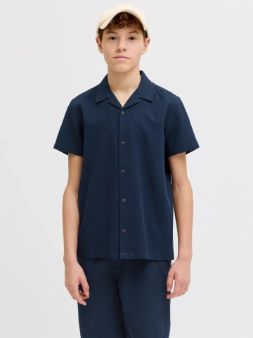 Jack & Jones Camasa cu maneca scurta baieti, Waffle Resort Shirt, Relaxed Fit, Bleumarin inchis