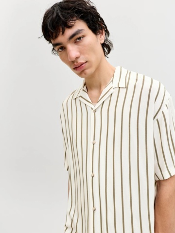 Jack & Jones Camasa cu maneca scurta barbati, Regular Fit, cu imprimeu in dungi, Bej - Img 3