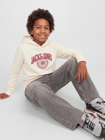 Jack & Jones Hanorac baieti, Regular Fit, fara buzunare, cu imprimeu cu logo, JJCOLLEGEY, Crem - Img 3