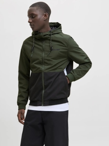 Jack & Jones Jacheta bomber cu gluga, JJERUSH HOOD, Verde inchis/Negru