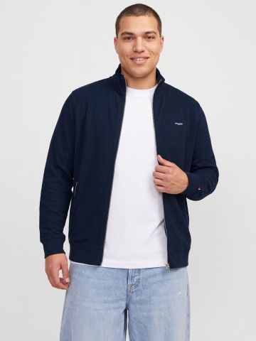Jack & Jones Plus Cardigan tricotat barbati big sizes cu guler inalt, din bumbac organic, Regular fit, JPRBLUALVES, Bleumarin inchis