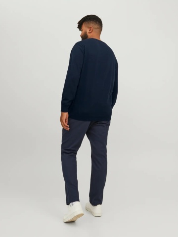 Jack & Jones Plus Pulover tricotat barbati big sizes, din bumbac organic, cu decolteu la baza gatului, Regular Fit, JJEBASIC, Bleumarin inchis - Img 7