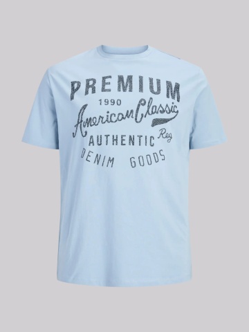 Jack & Jones Plus Tricou barbati big sizes, cu decolteu la baza gatului si imprimeu cu text, Albastru deschis