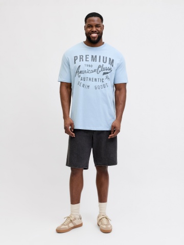 Jack & Jones Plus Tricou barbati big sizes, cu decolteu la baza gatului si imprimeu cu text, Albastru deschis - Img 6