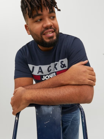 Jack & Jones Plus Tricou la baza gatului, barbati big sizes, din bumbac organic, Regular Fit, Bleumarin inchis - Img 5