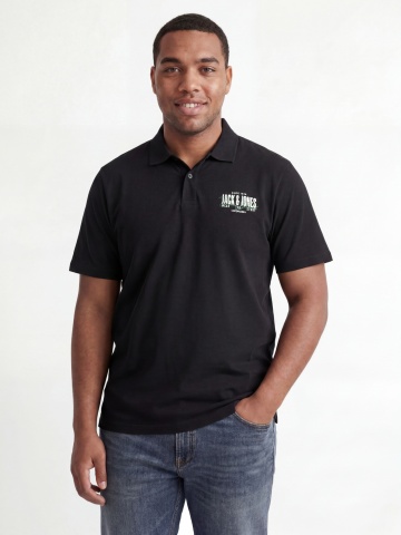 Jack & Jones Plus Tricou polo barbati big sizes, din jerseu de bumbac, Regular Fit, Negru
