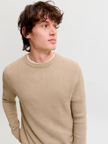 Jack & Jones Pulover tricotat barbati, decolteu la baza gatului, Regular Fit, JJPANNEL, Bej - Img 3