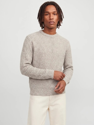 Jack & Jones Pulover tricotat, barbati, in doua noante cu decolteu la baza gatului, Regular fit, JJJAXON, Bej melanj