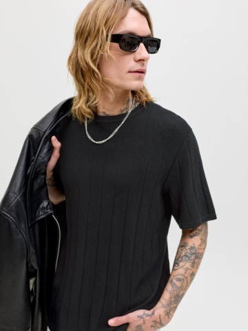 Jack & Jones Tricou barbati la baza gatuilui, din bumbac organic, Relaxed Fit, JJEBRADLEY, Negru - Img 3