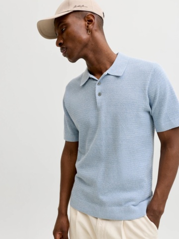 Jack & Jones, Tricou polo barbati cu aspect tricotat, Regular fit, Albastru pastel - Img 3