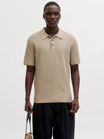 Jack & Jones, Tricou polo barbati cu aspect tricotat, Regular fit, Bej - Img 3