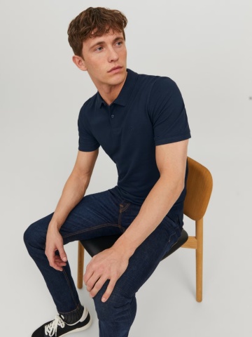 Jack & Jones Tricou polo Basic, Slim Fit, din bumbac, Bleumarin inchis - Img 3