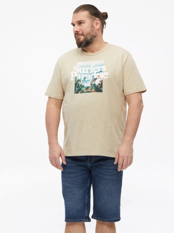 s.Oliver Big Sizes Tricou barbati big sizes cu imprimeu foto si decolteu la baza gatului, Crem