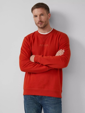s.Oliver Bluza barbati cu decolteu la baza gatului, logo, Regular Fit, Rosu caramiziu