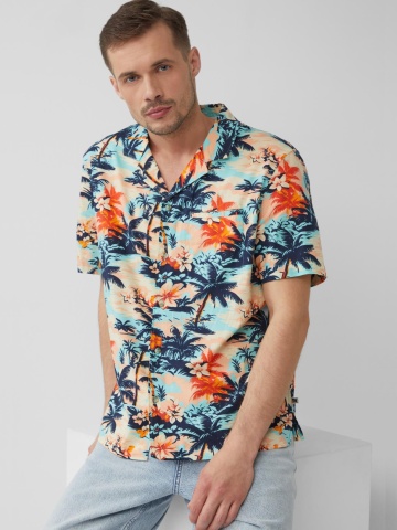 s.Oliver Camasa barbati cu maneca scurta si imprimeu tropical, Regular fit, Multicolor
